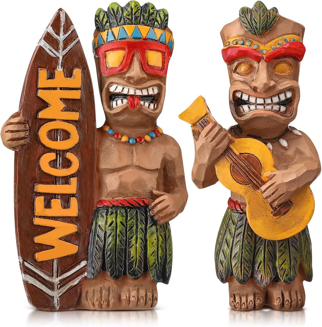 2 Pcs Welcome Tiki Statue with Surfboard Ukulele Mini Hawaiian Tiki Resin Decorations Hawaii Miniature Dashboard Doll Bar Figurines Table Centerpieces for Summer Bar Home Office Party Gifts